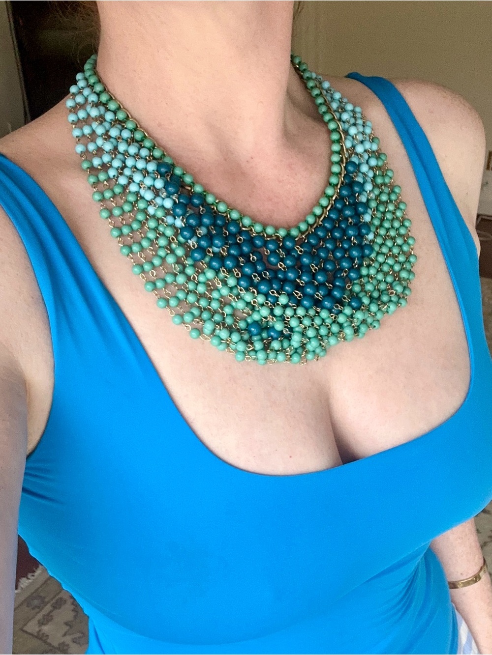 Cara NY Blue Turquoise Beaded Bib Statement Necklace Gold Tone